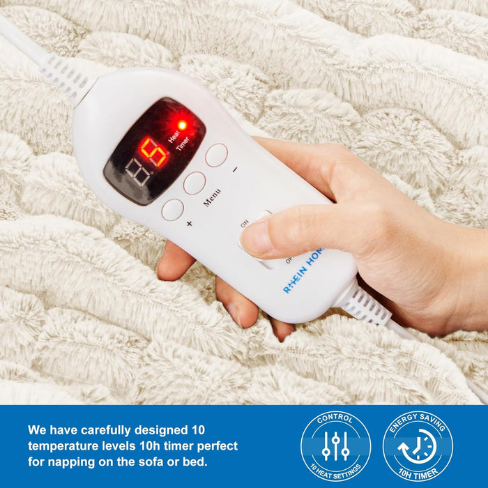 RHEIN HOME Heated Blanket Electric Throw - 150×130cm Electric Blanket with 10 Heating Levels & 10 Hours Auto-Off Overheat Protection, Soft Silky Plush Throw Rug Machine Washable (White)