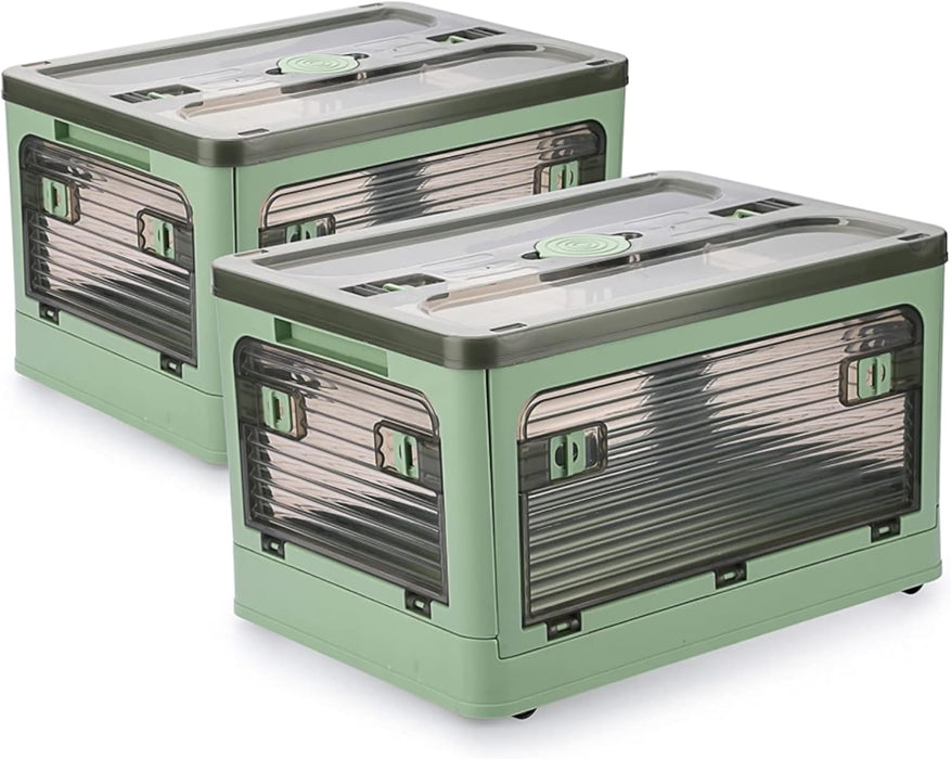 Folding Storage Bins, 28 Liters, 2 Pcs Green Plastic Storage Containers with Wheels, Four Doors, Foldable, Stackable, Plastic Box with Lids for Organization, Storage Cart