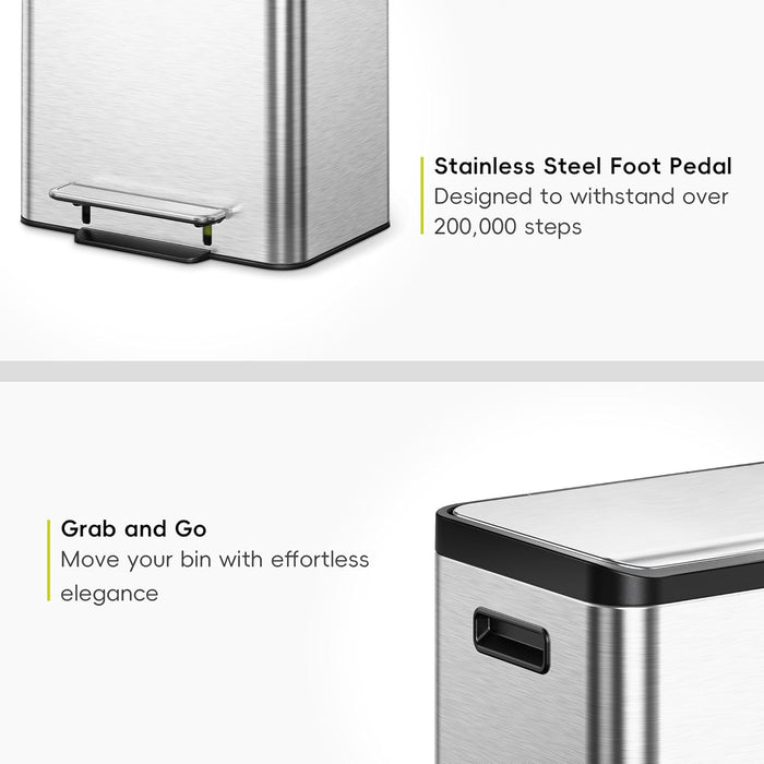 EKO Ecocasa Recycling Kitchen Bin 15+15Litre, Pedal Rubbish Bin with Two Removable Inner Buckets, Perfect for Kitchen & Home, Stainless Steel