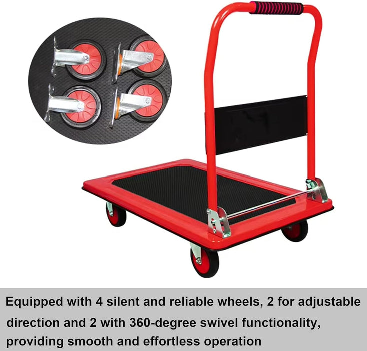 SBS Foldable Hand Trolley - Heavy-Duty Cart, Platform Truck with Non-Slip Surface, 360° Swivel Wheels, Steel Frame, and 1,000 lbs Load Capacity for Home, Office, and Warehouse Use, Red
