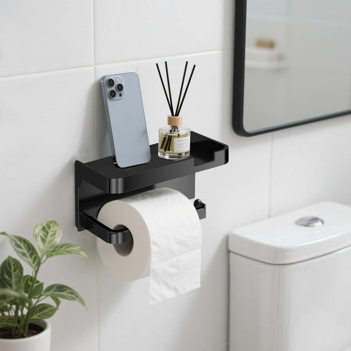 ONEIN Wall-Mounted Toilet Paper Holder, Self-Adhesive Toilet Tissue Holder, PP Tissue Holder for Bathroom, Kitchen, Washroom, Modern Black Design