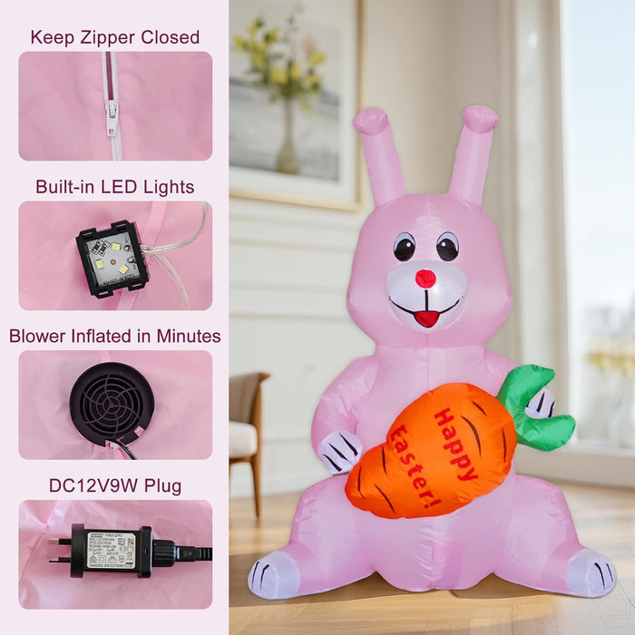ONEIN 125CM Easter Bunny Inflatables Outdoor Decorations with Built-in LED Light, Blow Up Sitting Rabbit Holds a Carrot for Yard Garden Lawn Decor