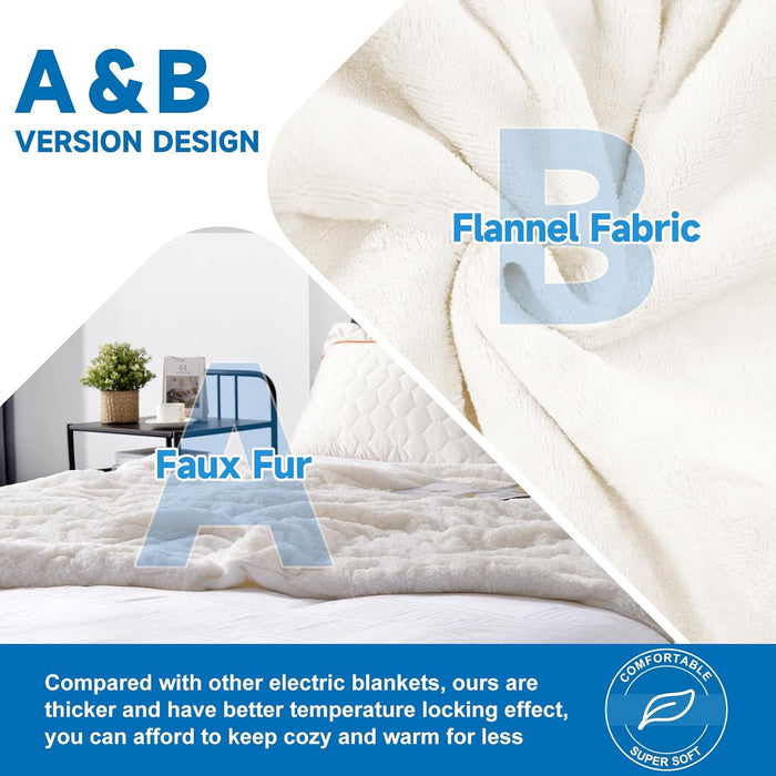 RHEIN HOME Heated Blanket Electric Throw - 150×130cm Electric Blanket with 10 Heating Levels & 10 Hours Auto-Off Overheat Protection, Soft Silky Plush Throw Rug Machine Washable (White)
