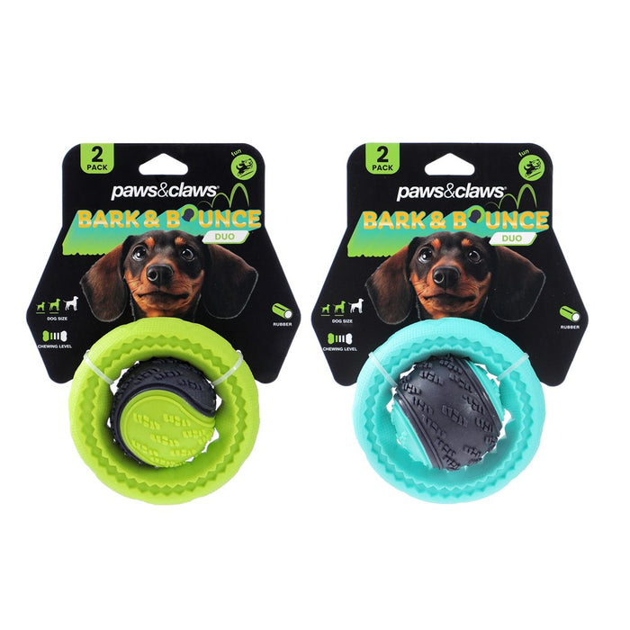 Paws & Claws BARK & BOUNCE TPR DOG BALL 2PK BALL 6.5CM RING 10.5CM