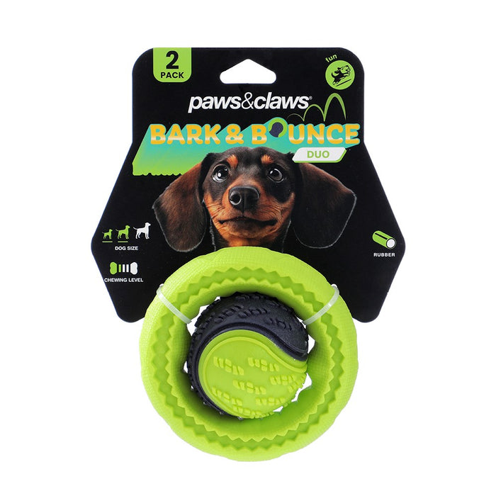 Paws & Claws BARK & BOUNCE TPR DOG BALL 2PK BALL 6.5CM RING 10.5CM