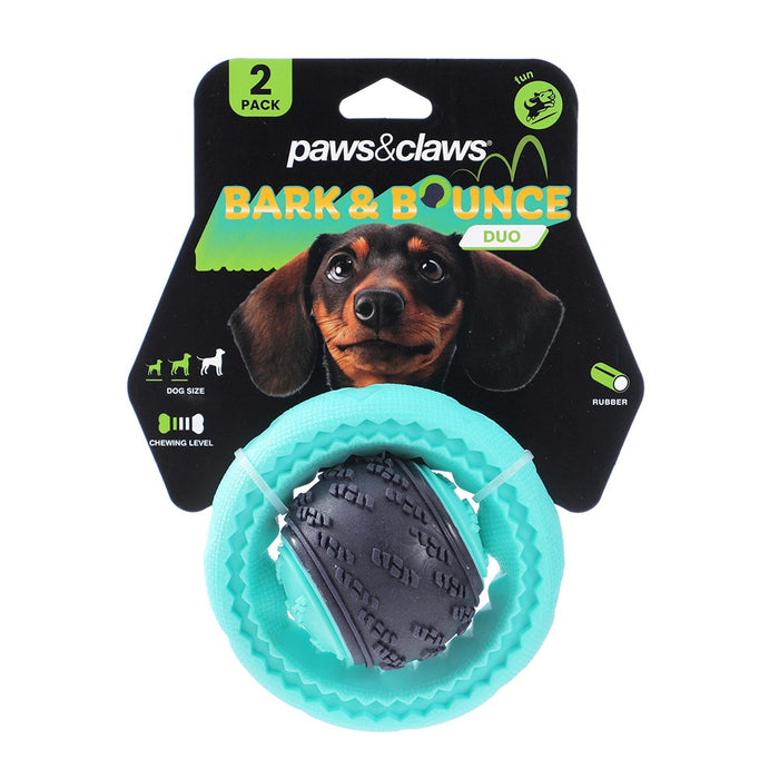 Paws & Claws BARK & BOUNCE TPR DOG BALL 2PK BALL 6.5CM RING 10.5CM