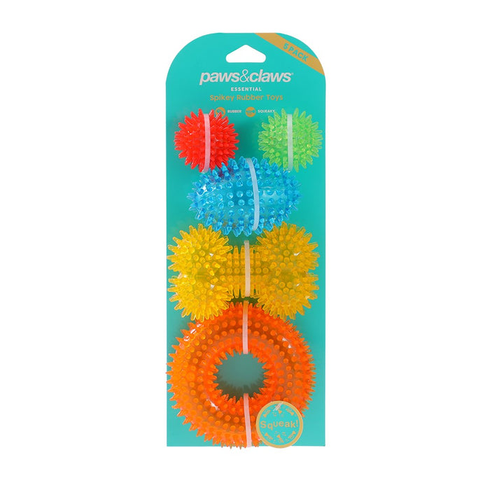 Paws & Claws SPIKEY TPR TOYS MULTI PACK 5PC BONE 11.5X7.3CM, RING 11X3.3CM FOOTY 8.6X5.6CM, BALL 4.7CM