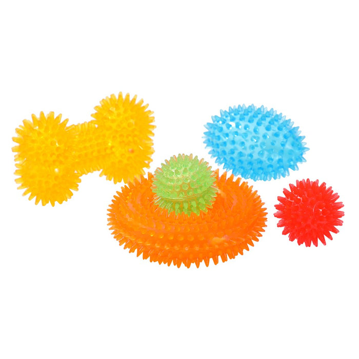 Paws & Claws SPIKEY TPR TOYS MULTI PACK 5PC BONE 11.5X7.3CM, RING 11X3.3CM FOOTY 8.6X5.6CM, BALL 4.7CM