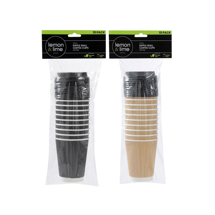 Lemon & Lime RIPPLE WALL COFFEE CUPS W/LIDS 340ML 10PK