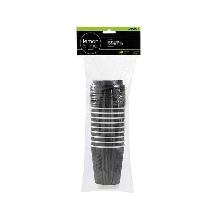 Lemon & Lime RIPPLE WALL COFFEE CUPS W/LIDS 340ML 10PK