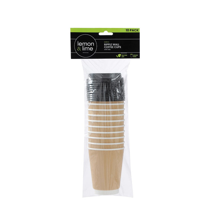 Lemon & Lime RIPPLE WALL COFFEE CUPS W/LIDS 340ML 10PK
