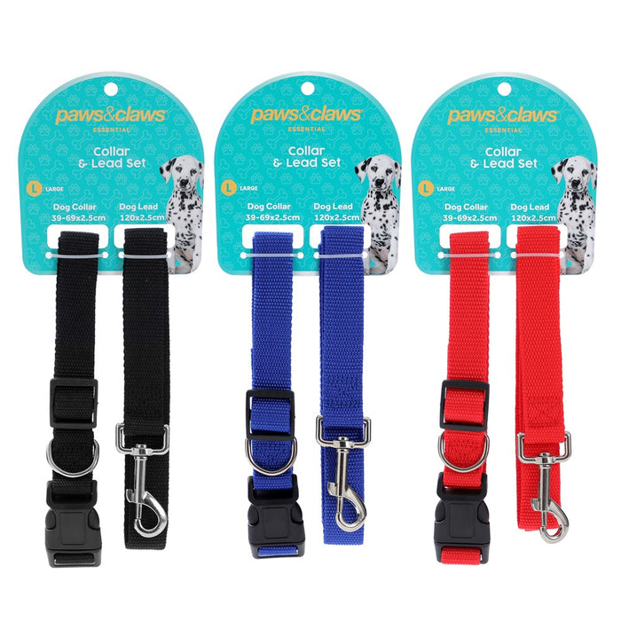 Paws & Claws ESSENTIALS COLLAR & LEAD SET COLS LGE 39 - 69CM LEAD 120X2.5CM BLK/RED/BLUE