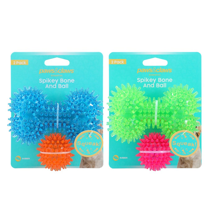 Paws & Claws MINI SPIKEY BONE AND BALL 2PK COLS BONE 11X7.5X5CM BALL 5CM
