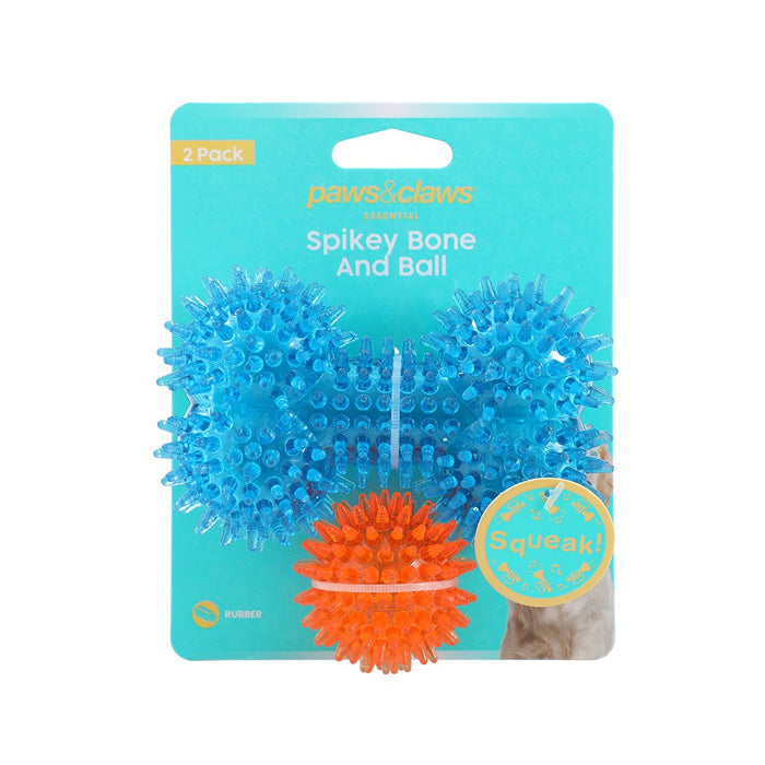 Paws & Claws MINI SPIKEY BONE AND BALL 2PK COLS BONE 11X7.5X5CM BALL 5CM