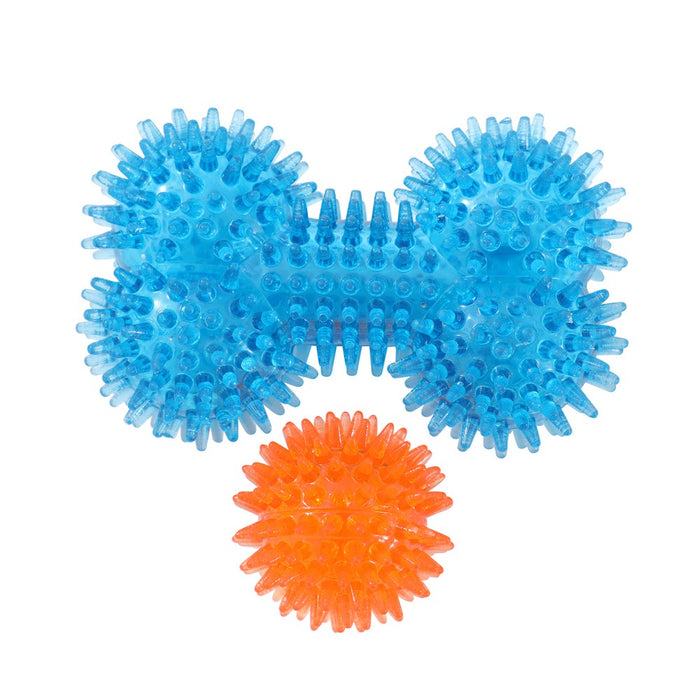 Paws & Claws MINI SPIKEY BONE AND BALL 2PK COLS BONE 11X7.5X5CM BALL 5CM