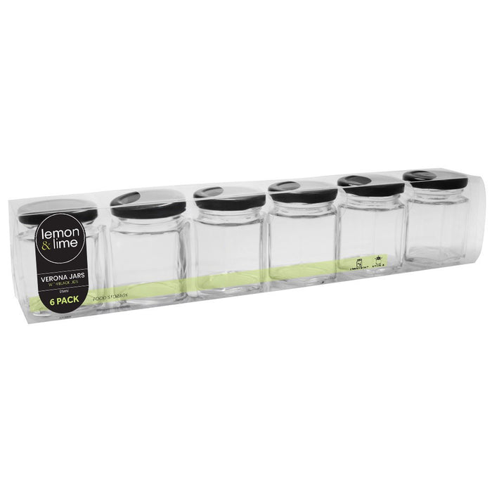Lemon & Lime VERONA GLASS HEX JAR 6PK 95ML BLACK LID 5.5X5X7.5CM