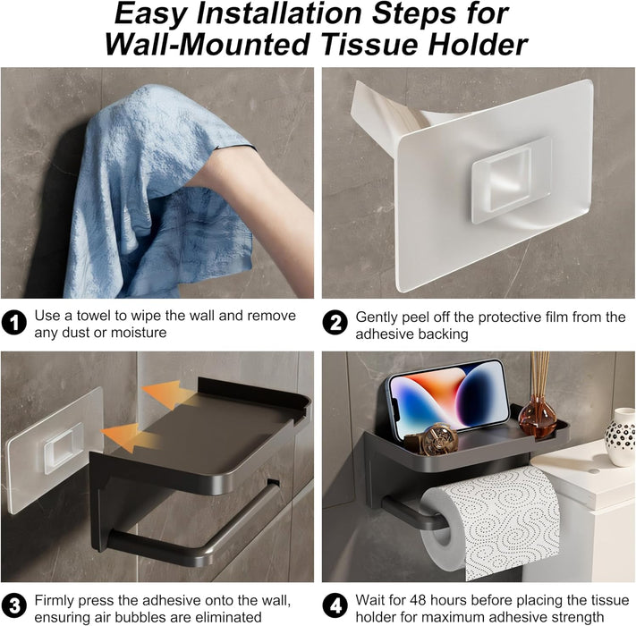 ONEIN Wall-Mounted Toilet Paper Holder, Self-Adhesive Toilet Tissue Holder, PP Tissue Holder for Bathroom, Kitchen, Washroom, Modern Black Design