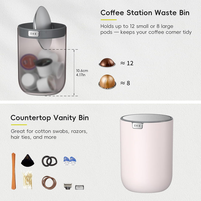 EKO 1.5L Mini Desk Bin with Swing-Top Lid,Small Round Tabletop Rubbish Bin and Storage Pot for Stationery, Makeup and Small Waste, Desktop Bin for Office, Home or Car (Pink)