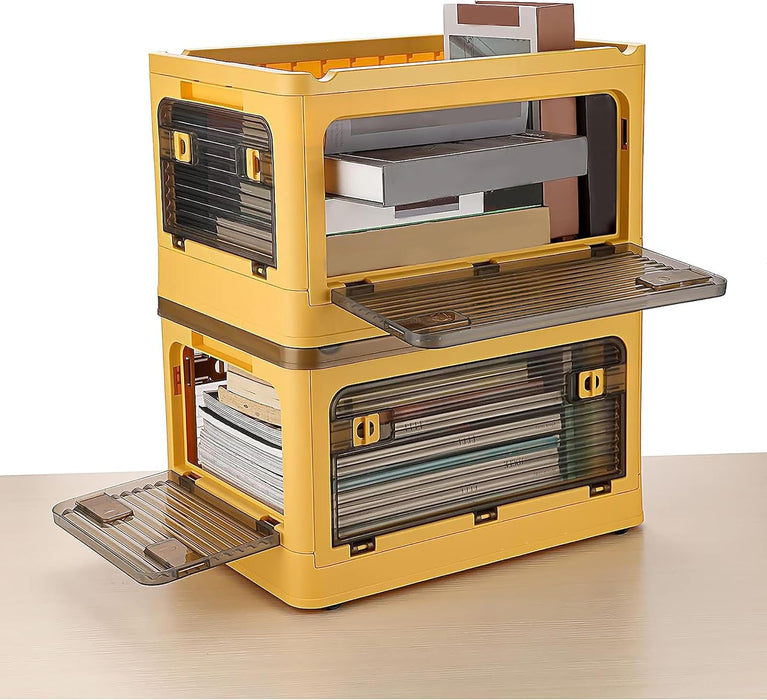 Folding Storage Bins, 28 Liters, 2 Pcs Green Plastic Storage Containers with Wheels, Four Doors, Foldable, Stackable, Plastic Box with Lids for Organization, Storage Cart