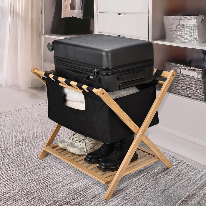 Bamboo Luggage Rack with black band, laundry bag for guest room, hotels