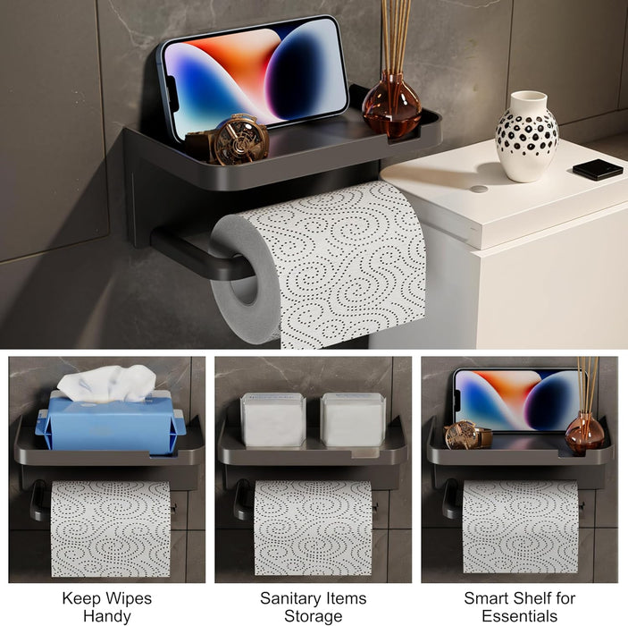 ONEIN Wall-Mounted Toilet Paper Holder, Self-Adhesive Toilet Tissue Holder, PP Tissue Holder for Bathroom, Kitchen, Washroom, Modern Black Design