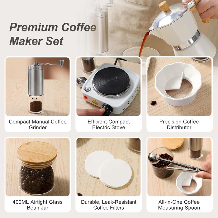 Moka Pot Set – 7-Piece  Stovetop Coffee Maker Percolator Pot Stovetop Espresso Maker with Electric Stove, Manual Coffee Grinder, Coffee Distributor, Measuring Spoon, Storage Jar & Filter Papers – Complete Coffee Gift Set for Home & Travel