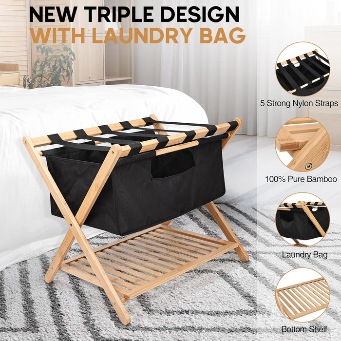 Bamboo Luggage Rack with black band, laundry bag for guest room, hotels