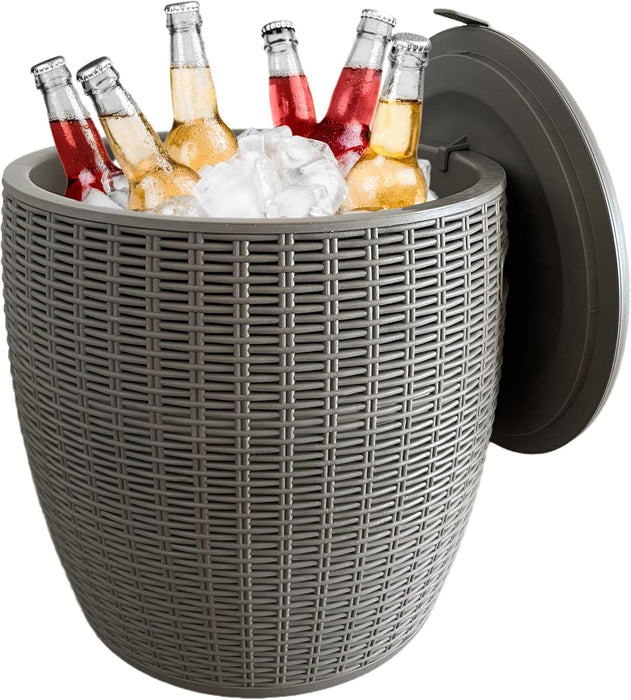 Rattan Outdoor Storage Stool, Outdoor Furniture, 37L, Ice Cooler, Wicker Round Ice Chest, Outdoor Patio Bar Table, Beverage Bucket with Drain Plug for Poolside, Deck, Party, and BBQ