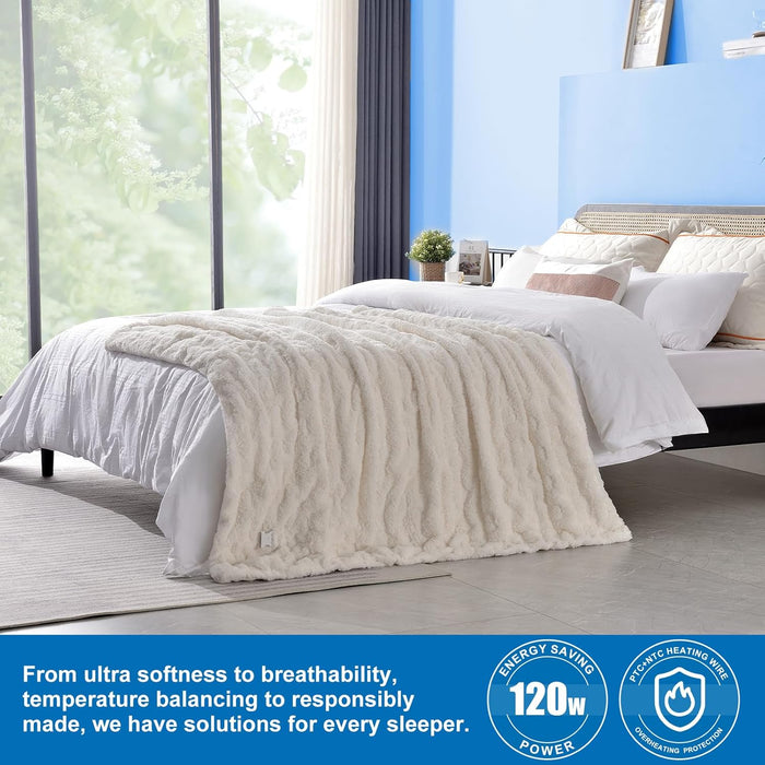 RHEIN HOME Heated Blanket Electric Throw - 150×130cm Electric Blanket with 10 Heating Levels & 10 Hours Auto-Off Overheat Protection, Soft Silky Plush Throw Rug Machine Washable (White)