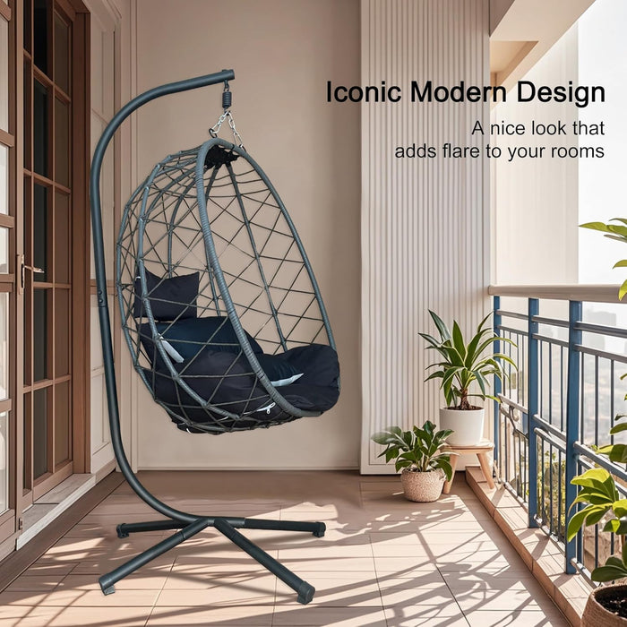 ONEIN Hanging Egg Chair with Stand for Indoor Outdoor, Imitation Wicker Swing Hammock with Thicken Comfy Cushion for Patio Porch Balcony, Rocking Egg Chair for Bedroom