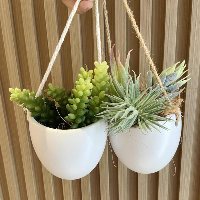 ONEIN Wall Planters Hanging Ceramic Plant Pots 2 Pieces, Hanging Planter Wall Decoration for Indoors, Balcony and Garden - White (Matte)
