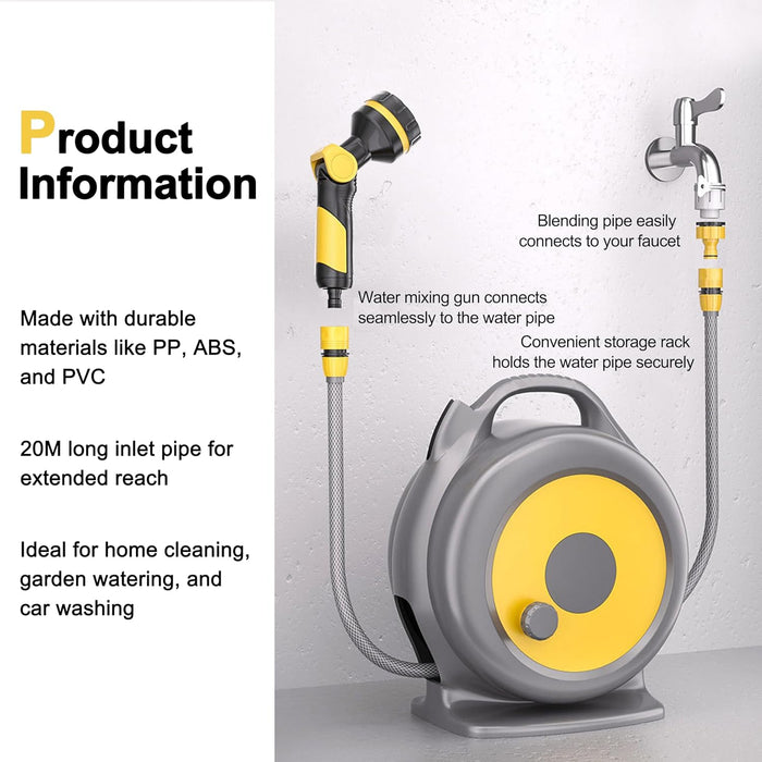 ONEIN Retractable Garden Hose Reel – 20M Water Hose with 10-Pattern Spray Nozzle, Built-in Storage Rack for Gardening, Car Washing and Outdoor Cleaning