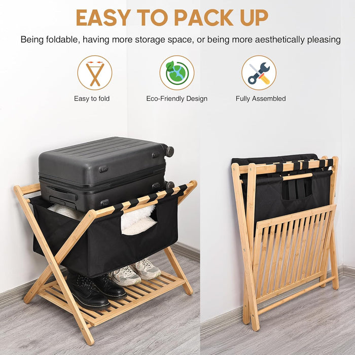 Bamboo Luggage Rack with black band, laundry bag for guest room, hotels