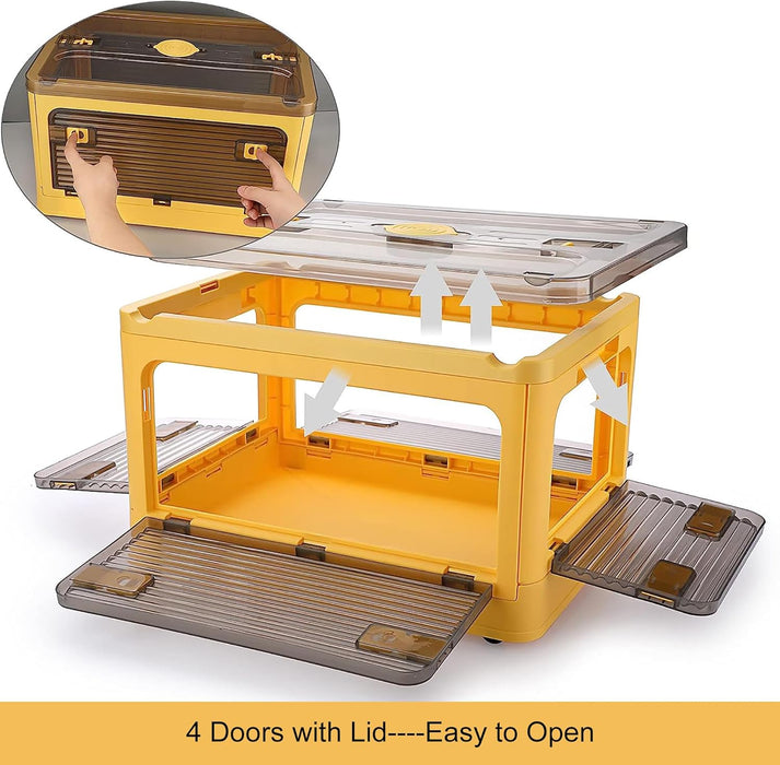 Folding Storage Bins, 28 Liters, 2 Pcs Green Plastic Storage Containers with Wheels, Four Doors, Foldable, Stackable, Plastic Box with Lids for Organization, Storage Cart