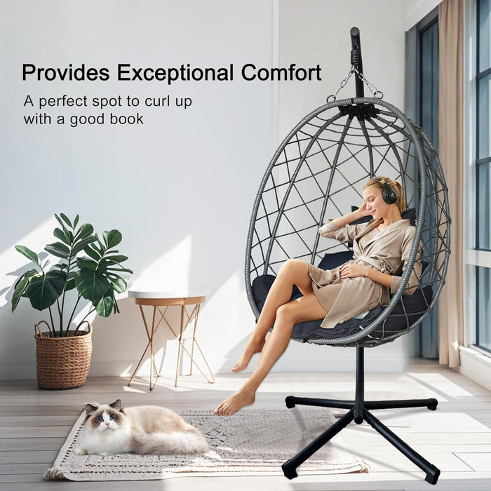 ONEIN Hanging Egg Chair with Stand for Indoor Outdoor, Imitation Wicker Swing Hammock with Thicken Comfy Cushion for Patio Porch Balcony, Rocking Egg Chair for Bedroom