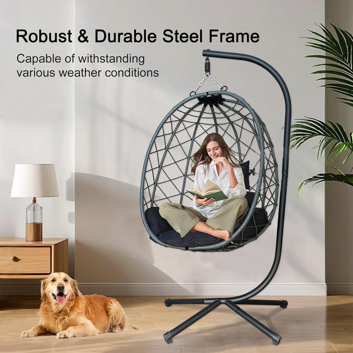 ONEIN Hanging Egg Chair with Stand for Indoor Outdoor, Imitation Wicker Swing Hammock with Thicken Comfy Cushion for Patio Porch Balcony, Rocking Egg Chair for Bedroom