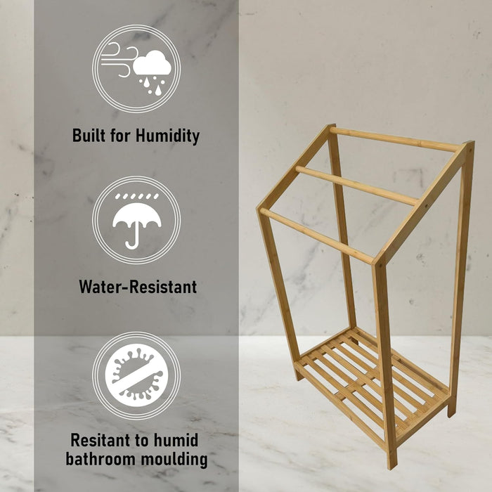 Bamboo Towel Rack - Freestanding Bamboo Bathroom Towerl Shelf with 3-Tier Rail for Bath Towels & Blankets – Minimalist Look – Fits Over Bath Mat, Ideal for Bathroom