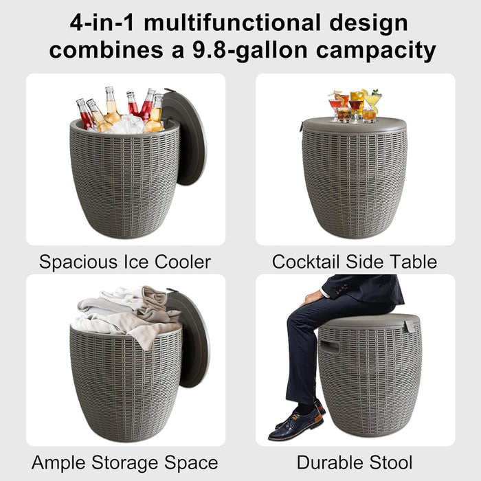 Rattan Outdoor Storage Stool, Outdoor Furniture, 37L, Ice Cooler, Wicker Round Ice Chest, Outdoor Patio Bar Table, Beverage Bucket with Drain Plug for Poolside, Deck, Party, and BBQ