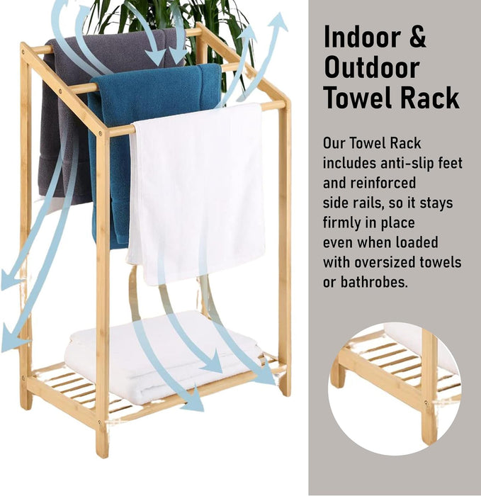 Bamboo Towel Rack - Freestanding Bamboo Bathroom Towerl Shelf with 3-Tier Rail for Bath Towels & Blankets – Minimalist Look – Fits Over Bath Mat, Ideal for Bathroom