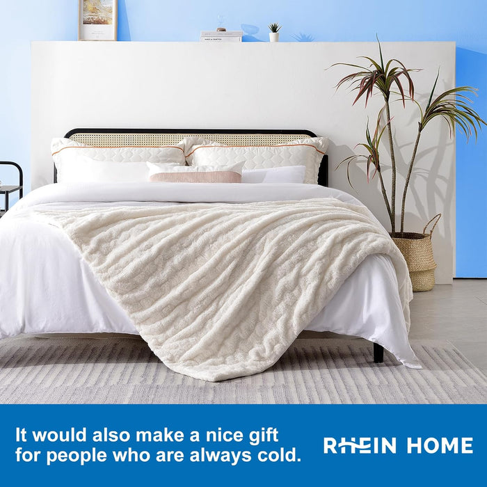 RHEIN HOME Heated Blanket Electric Throw - 150×130cm Electric Blanket with 10 Heating Levels & 10 Hours Auto-Off Overheat Protection, Soft Silky Plush Throw Rug Machine Washable (White)