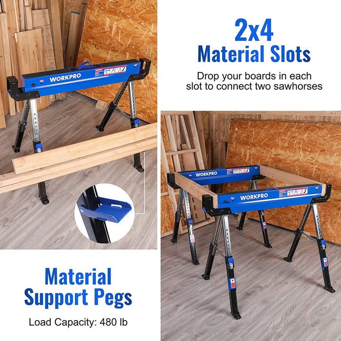 WORKPRO 2 Pcs Heavy Duty Folding Sawhorse Adjustable Saw horse with 2x4 Support Arms, 3000 lbs Load Capacity, 24-32 inch Height Adjustable Legs, Pivoting Feet & Support Pegs