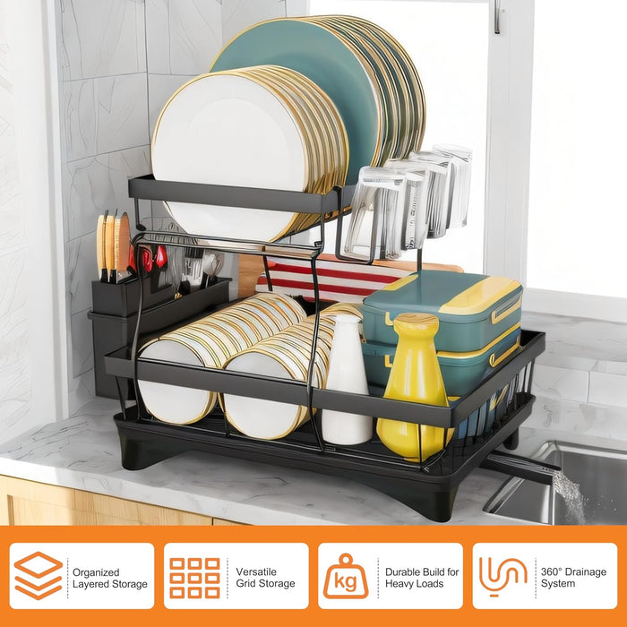 ONEIN 2-Tier Dish Drying Rack – Heavy-Duty Dish Drainer with 360° Rotating Drainage System, Space-Saving Kitchen Storage & Organization, Black