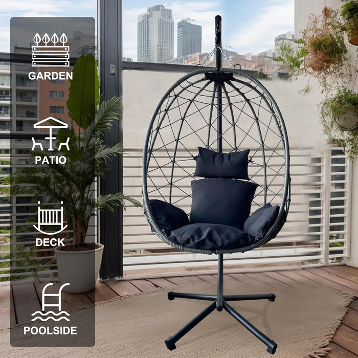 ONEIN Hanging Egg Chair with Stand for Indoor Outdoor, Imitation Wicker Swing Hammock with Thicken Comfy Cushion for Patio Porch Balcony, Rocking Egg Chair for Bedroom