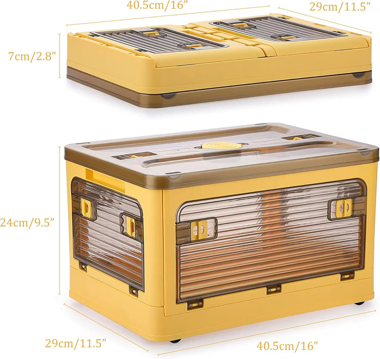 Folding Storage Bins, 28 Liters, 2 Pcs Green Plastic Storage Containers with Wheels, Four Doors, Foldable, Stackable, Plastic Box with Lids for Organization, Storage Cart