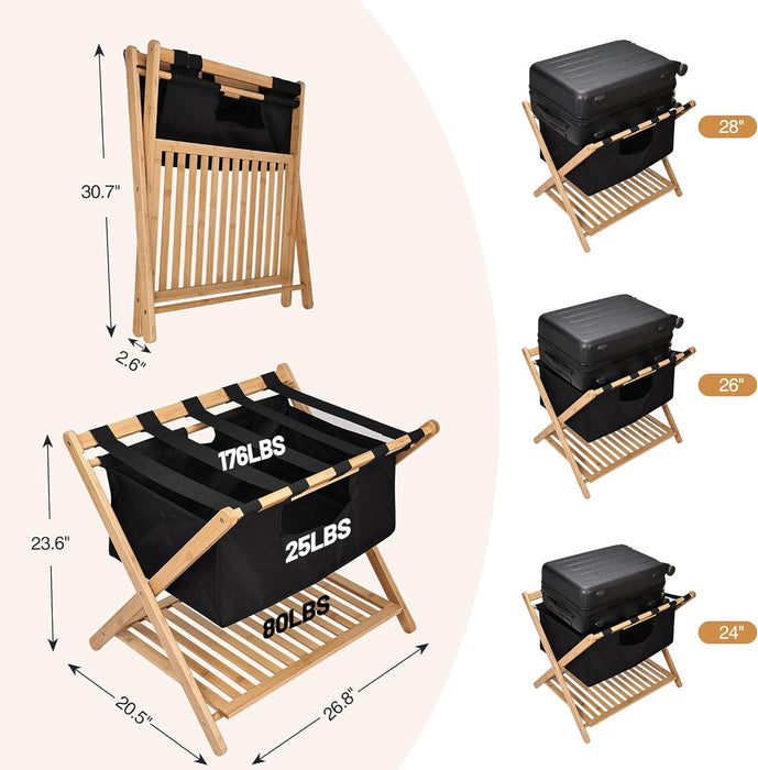 Bamboo Luggage Rack with black band, laundry bag for guest room, hotels