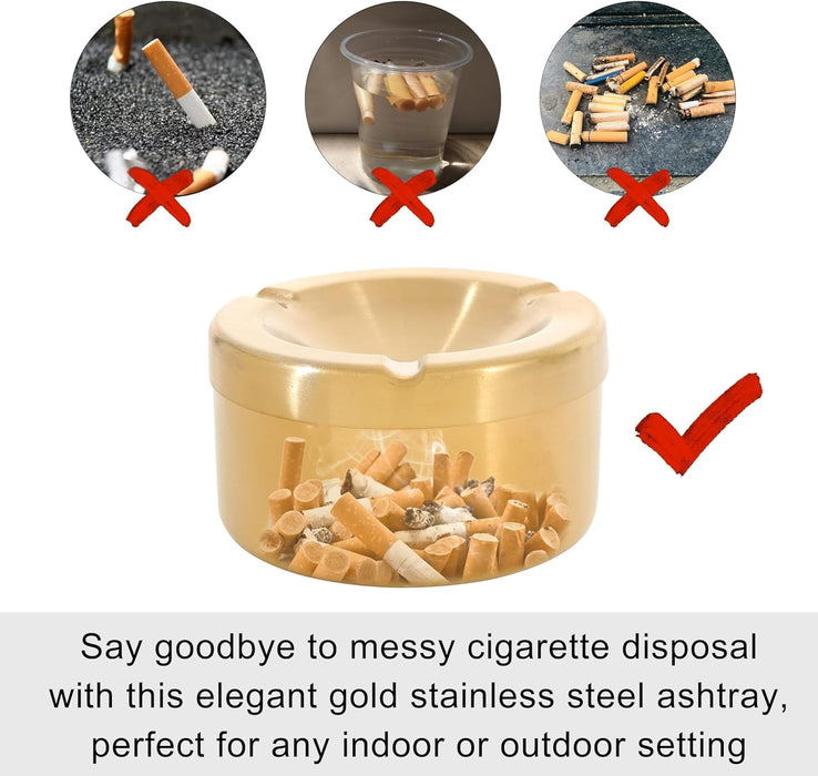 ONEIN Stainless Steel Windproof Ashtray with Removable Lid – Deep Smokeless Ash Tray for Indoor & Outdoor Use – Easy to Clean, Durable, Modern Design for Cigarettes & Cigars (Gold)