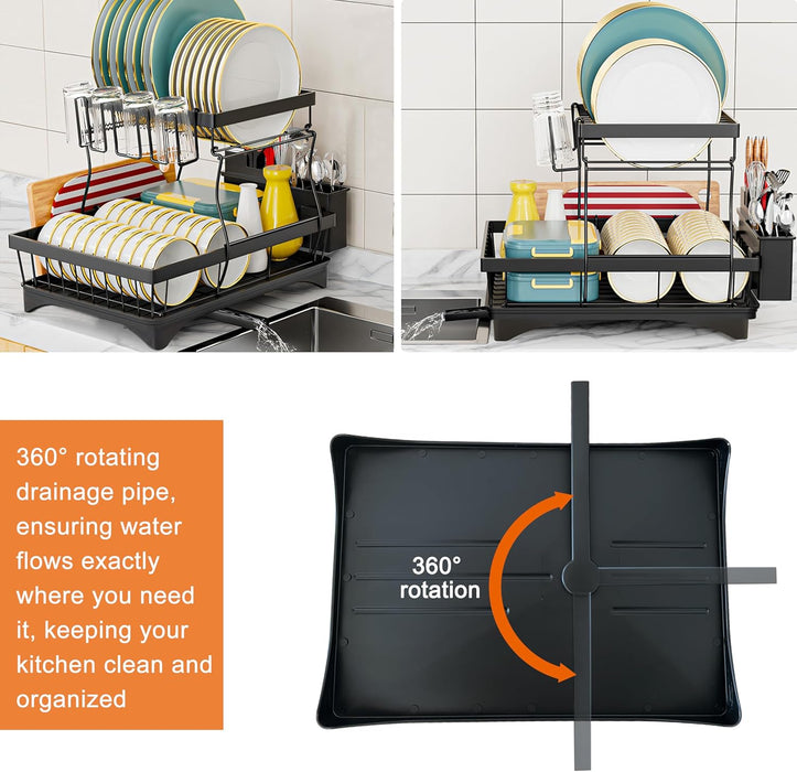 ONEIN 2-Tier Dish Drying Rack – Heavy-Duty Dish Drainer with 360° Rotating Drainage System, Space-Saving Kitchen Storage & Organization, Black