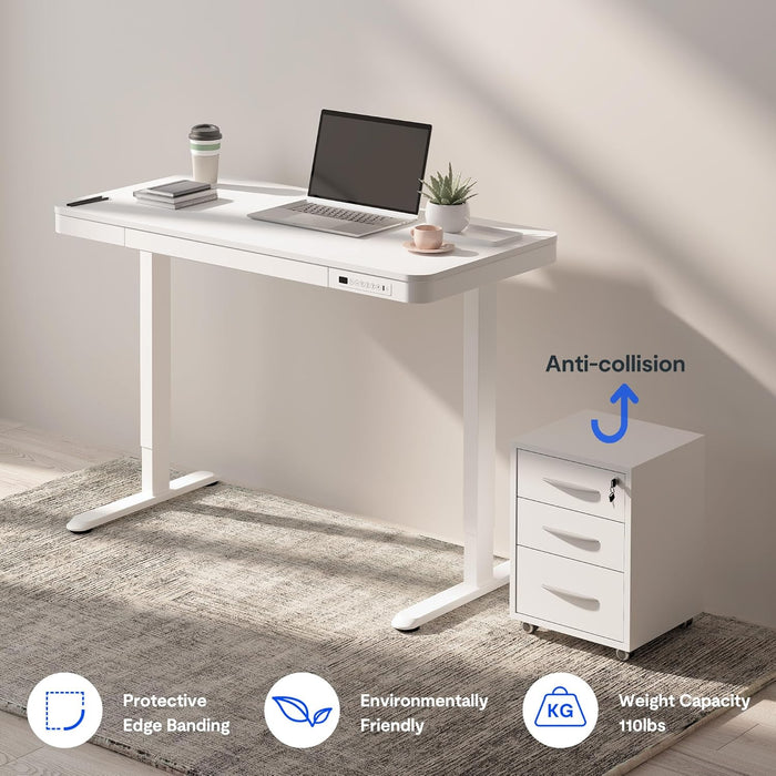 FLEXISPOT EW8 Comhar Electric Standing Desk with Drawers Charging USB A to C Port, Height Adjustable 120 CM Whole-Piece Quick Install Home Office Computer Laptop Table with Storage (White Top + Frame)