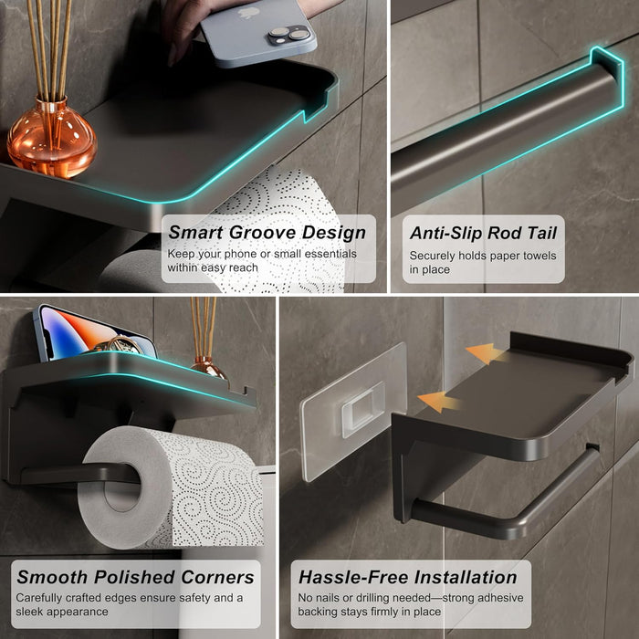 ONEIN Wall-Mounted Toilet Paper Holder, Self-Adhesive Toilet Tissue Holder, PP Tissue Holder for Bathroom, Kitchen, Washroom, Modern Black Design