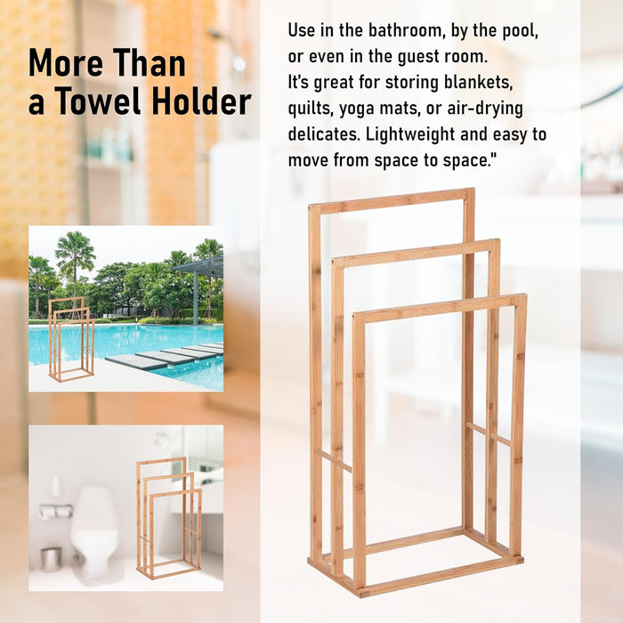 Bamboo 3-Tier Freestanding Towel Rack Stand for Bathroom, Laundry Room – Space-Saving Wooden Towel Holder for Bath Towels, Hand Towels & Blankets – Stable, Easy Assembly